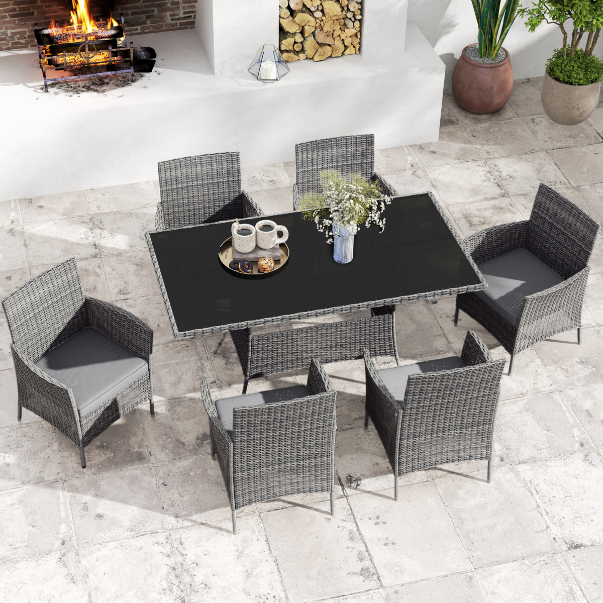 Outsunny Rattan Dining Set for 6 with Cushions, Glass Top Table