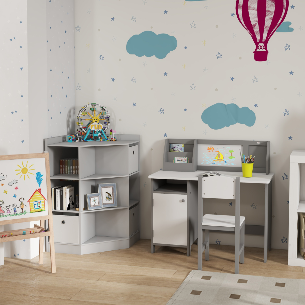 Two-Piece Childrens Table and Chair Set w/ Whiteboard Storage - Grey