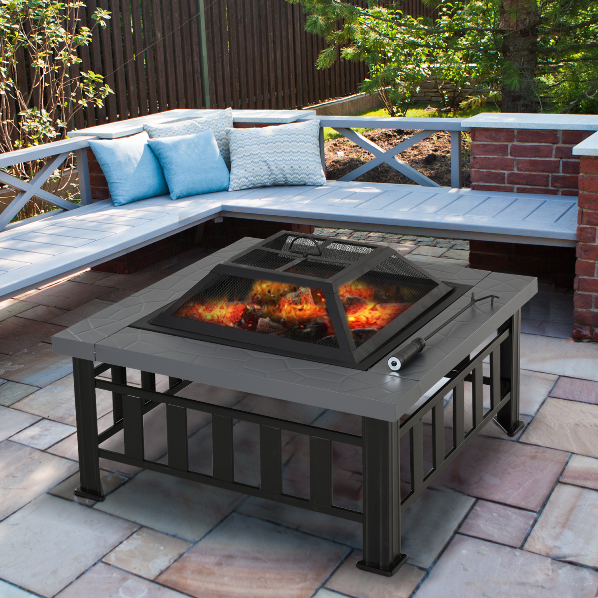 Fire Pit, Square Shape, W/Waterproof Cover-Black/Grey