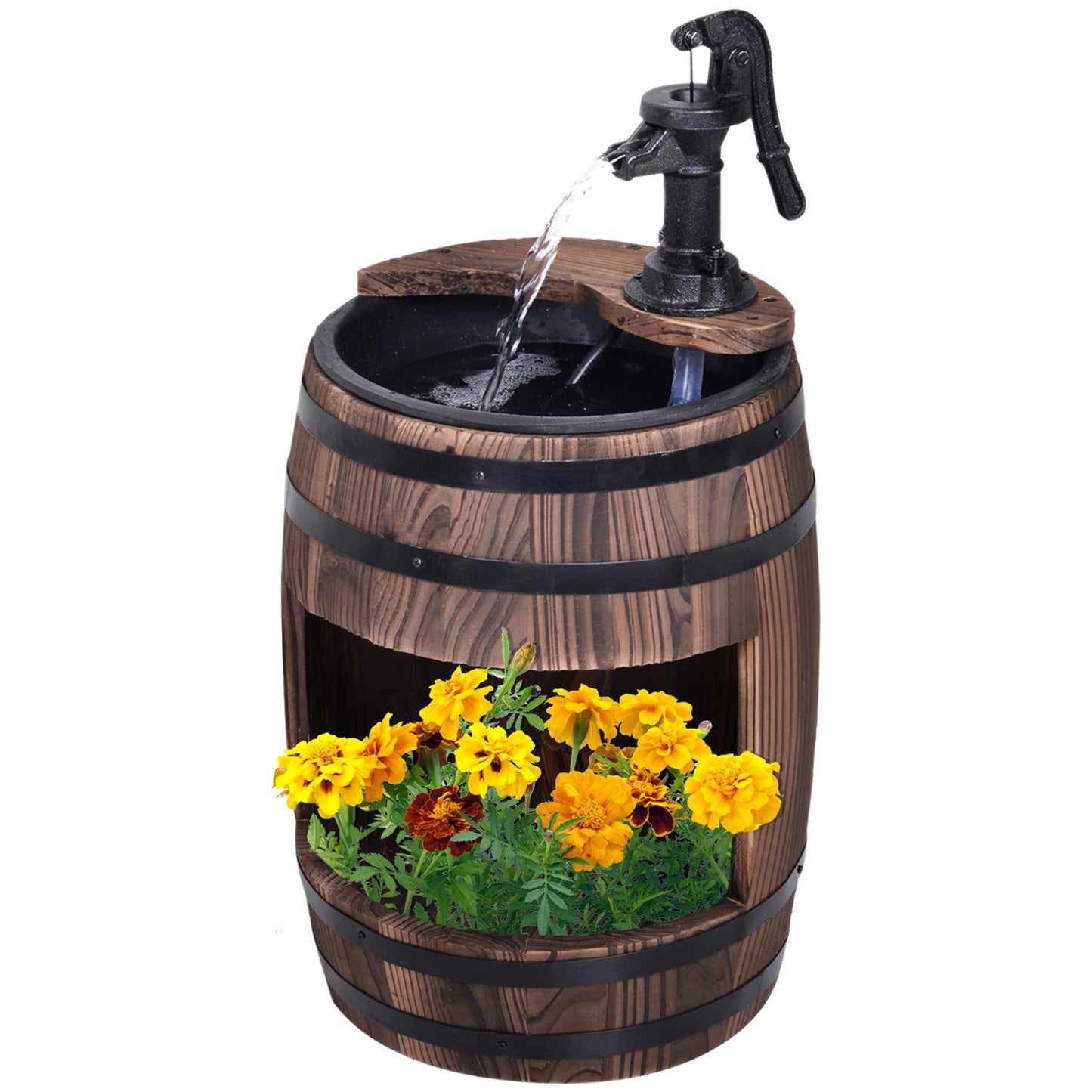 Wood Barrel Pump Garden Fountain Water Feature Flower Planter Stand New