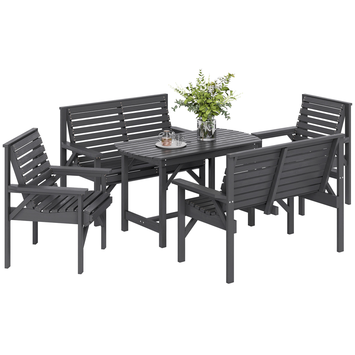 Patio Dining Set Wooden Table and Chairs w/ Umbrella Hole Grey 5PC