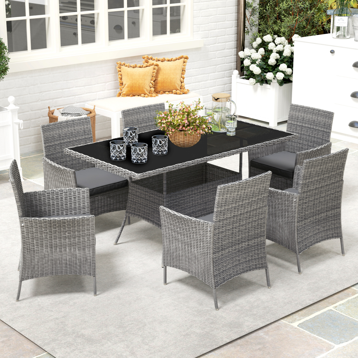 Outsunny Rattan Dining Set for 6 with Cushions, Glass Top Table