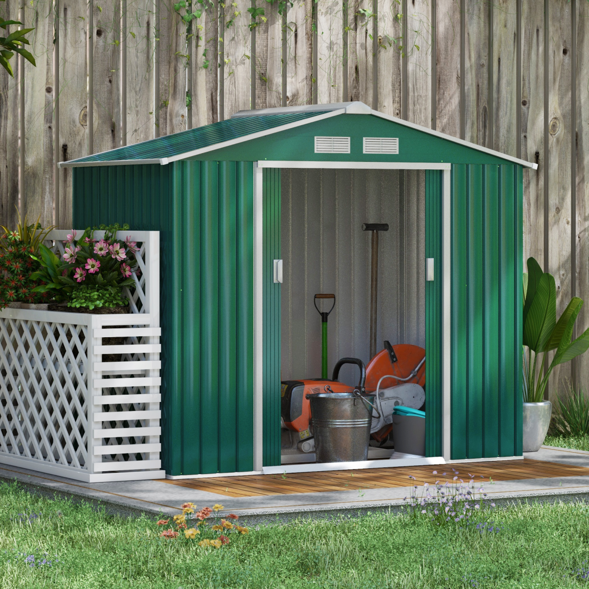 Garden Shed Storage Unit w/Locking Door Floor Foundation Vent Green