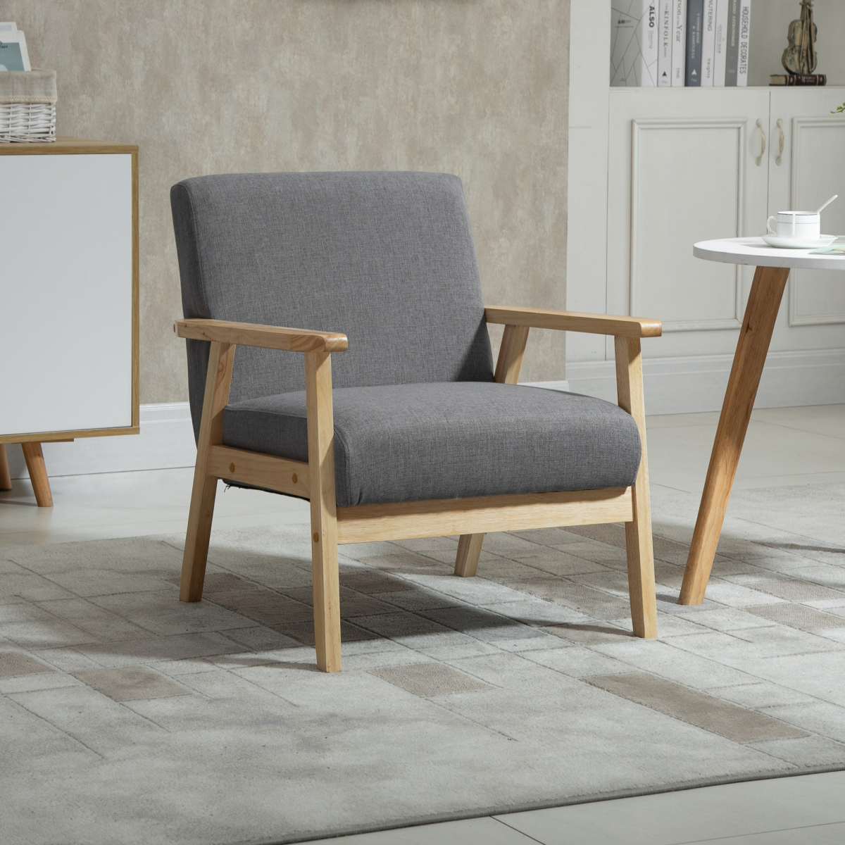 Linen Upholstered Pine Wood Accent Armchair