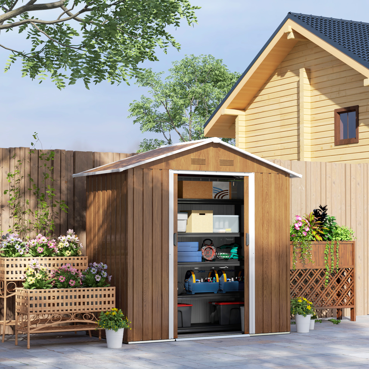 Metal Garden Shed for Garden, Brown Wood Effect 6.5x3.5ft