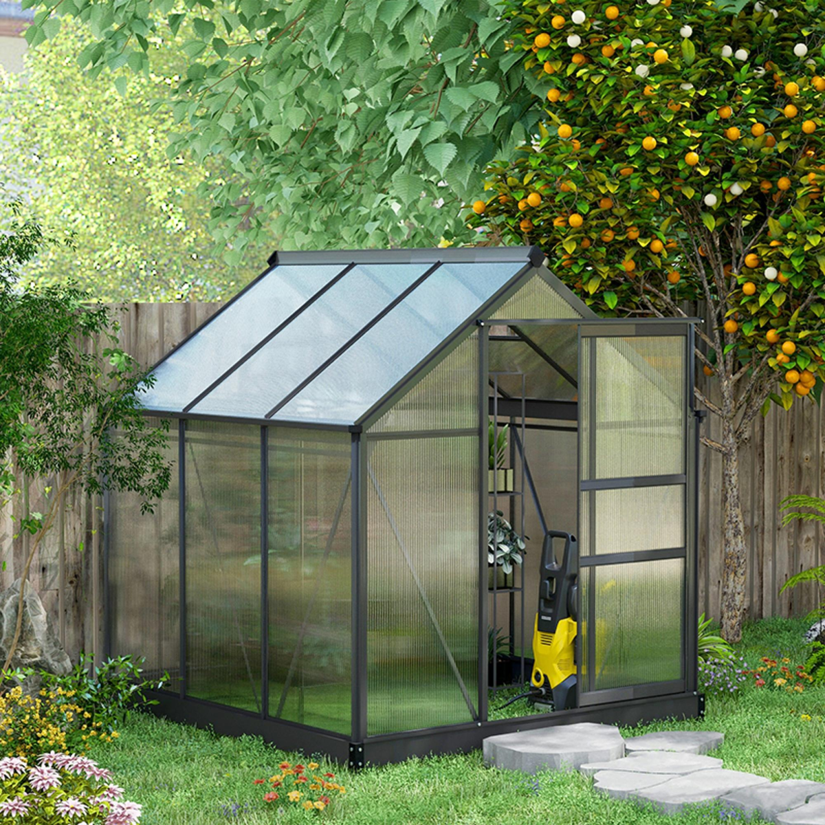 Polycarbonate Walk-In Garden Greenhouse Aluminium Frame w/ Slide Door 6 x 6ft