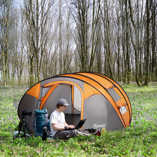 Camping Tent Dome Pop-up Tent  with Windows for 4-5 Person Orange
