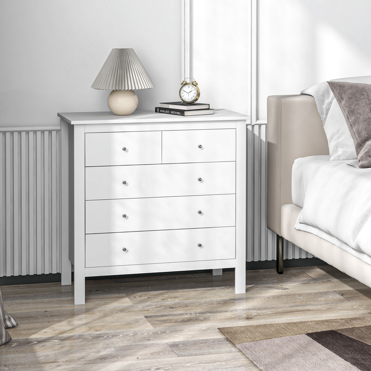 Modern Chest of Drawers, 5 Drawer Storage Cabinet White