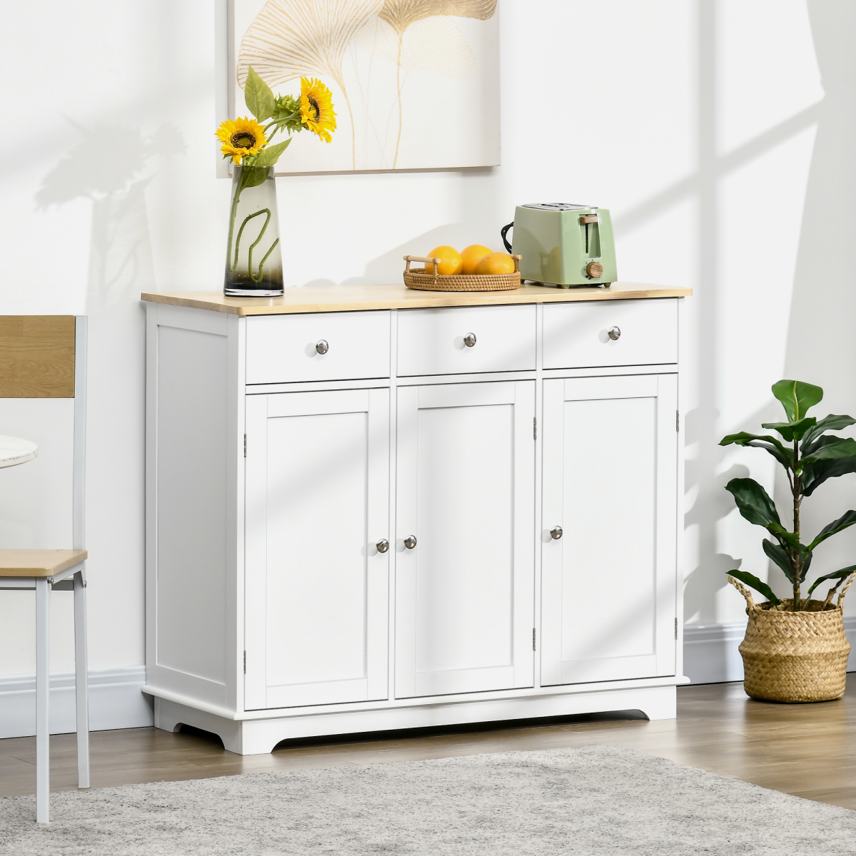 Sideboard with Rubberwood Top, Buffet Drawers and Adjustable Shelves