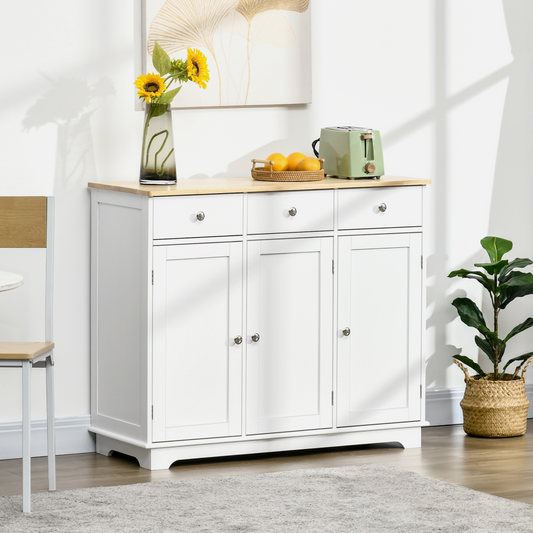 Sideboard with Rubberwood Top, Buffet Drawers and Adjustable Shelves