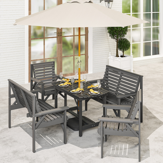 Patio Dining Set Wooden Table and Chairs w/ Umbrella Hole Grey 5PC