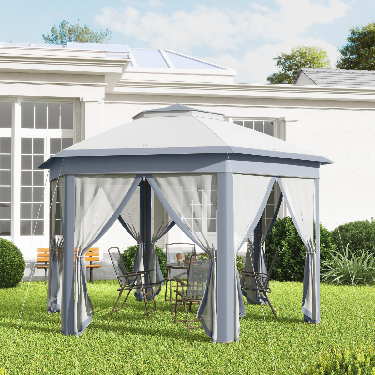 Hexagon Pop Up Gazebo Double Roof Netting, 4m x 4m, Grey w/ Mesh, 4x4m