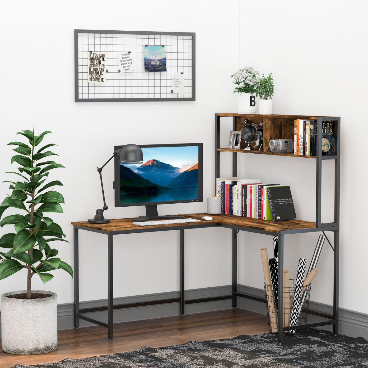 Industrial L-Shaped Desk w Shelf