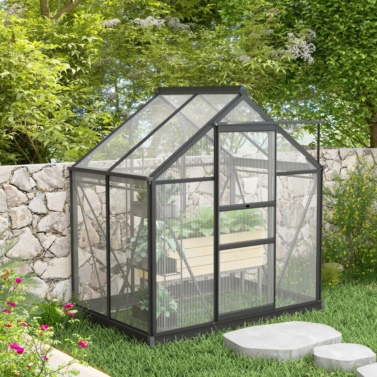 Polycarbonate Walk-In Garden Greenhouse Aluminium Frame w/ Slide Door 6 x 4ft