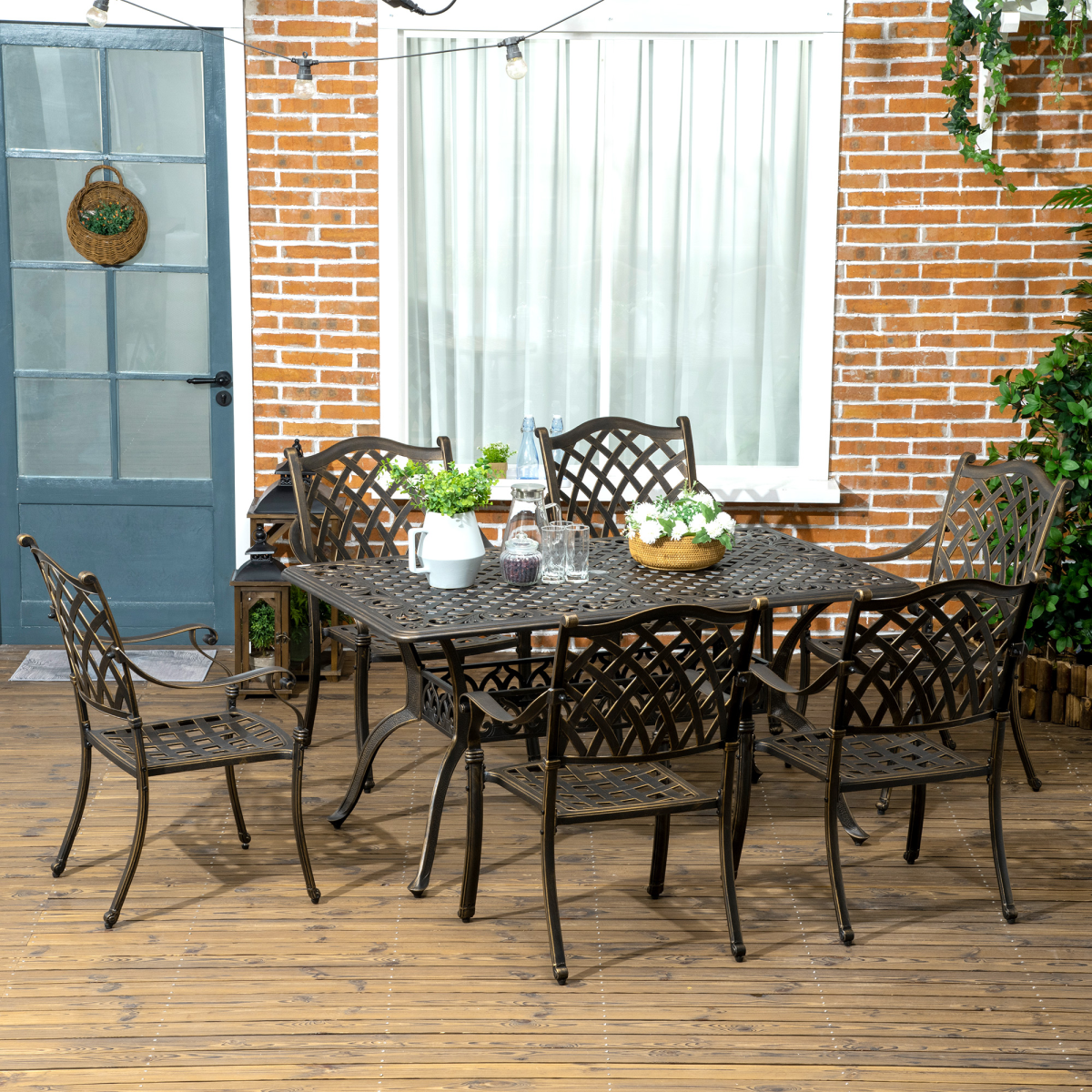Outsunny 7-PC Cast Aluminum Patio Dining Set w/ Umbrella Hole & Cushion, Bronze