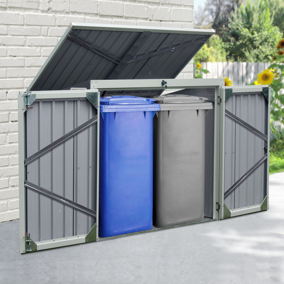 Steel Garden Storage Shed Double Door & Lid Dustbin Rubbish Cover 2