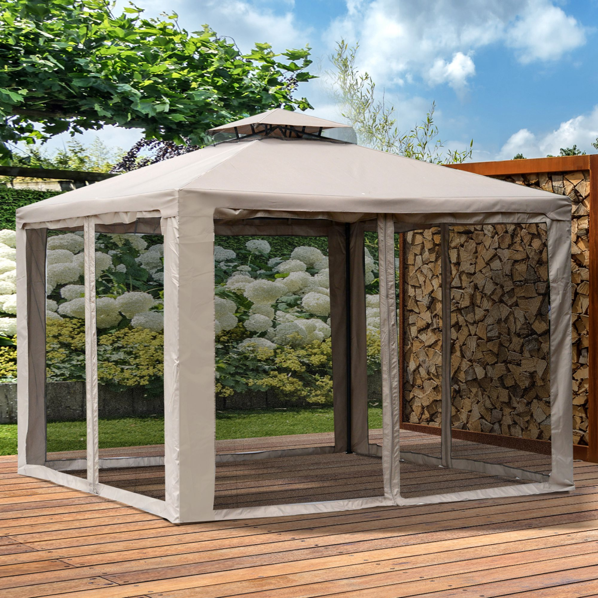 Outdoor Gazebo 2-tier Roof W/Netting Taupe