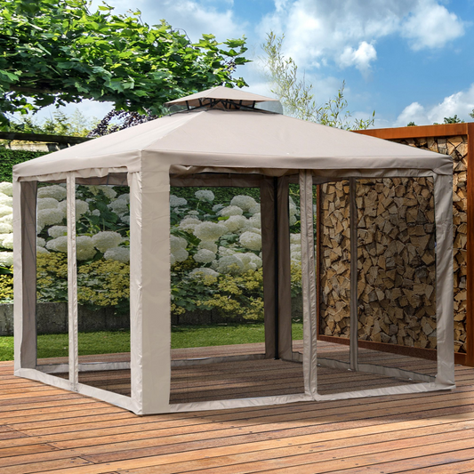 Outdoor Gazebo 2-tier Roof W/Netting Taupe