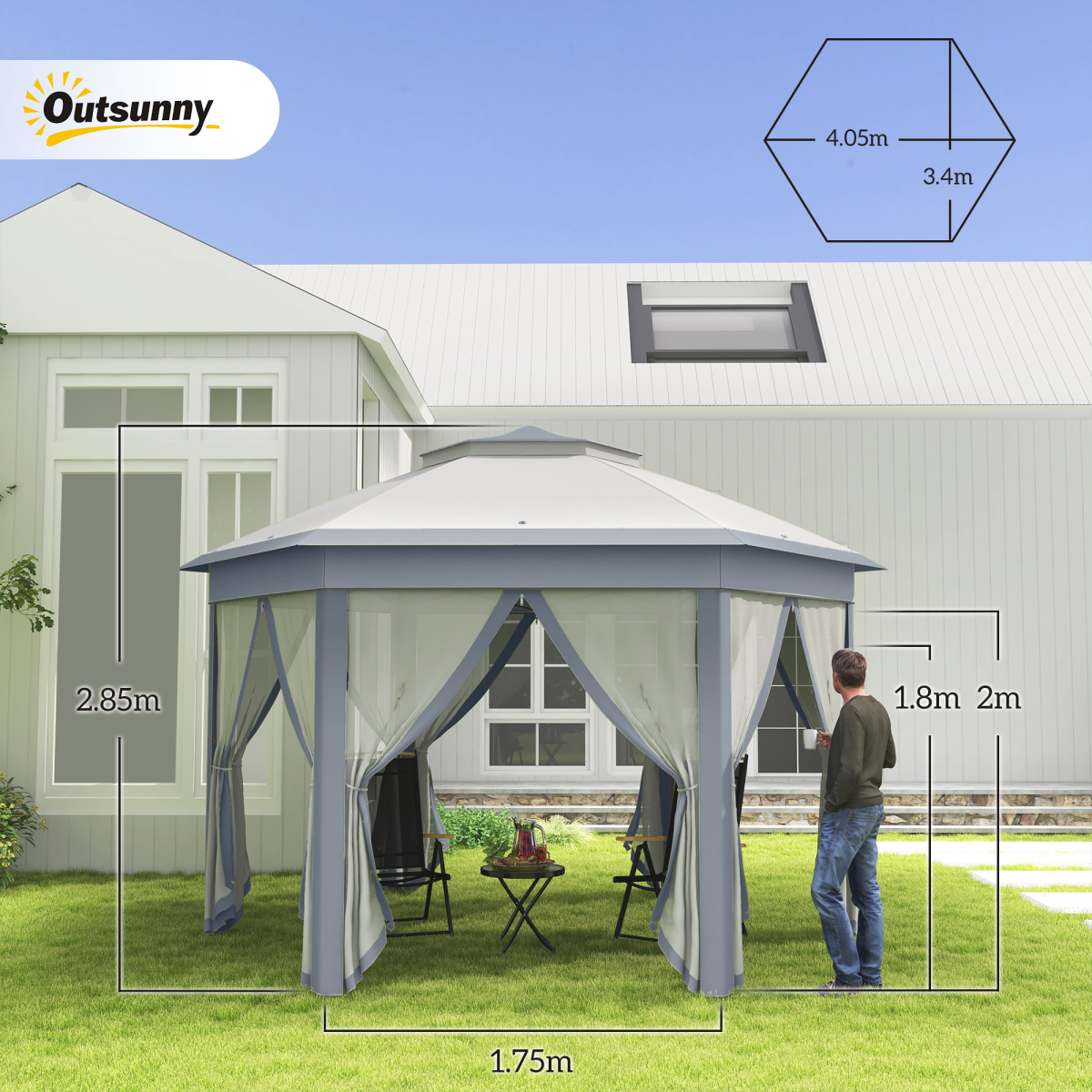 Hexagon Pop Up Gazebo Double Roof Netting, 4m x 4m, Grey w/ Mesh, 4x4m