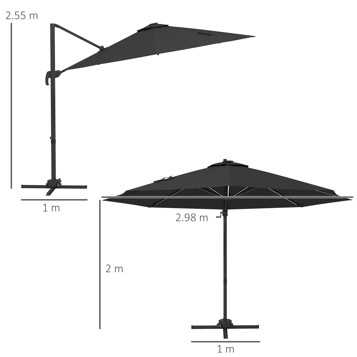 Outsunny 3(m) Solar LED Cantilever Parasol Adjustable Garden Umbrella Dark Grey