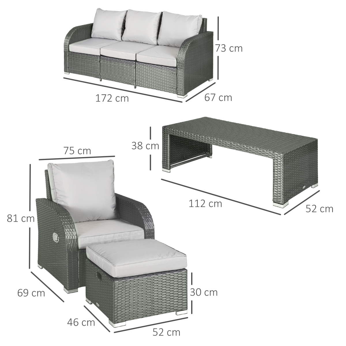 7-Seater Outdoor Garden Rattan Furniture Set w/ Recliners Grey
