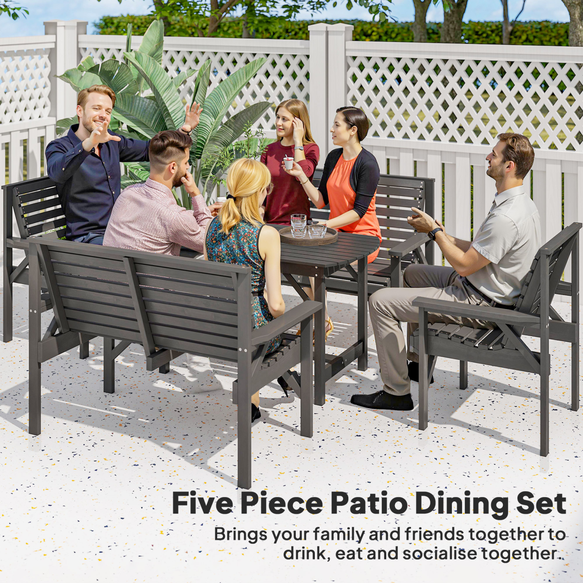 Patio Dining Set Wooden Table and Chairs w/ Umbrella Hole Grey 5PC