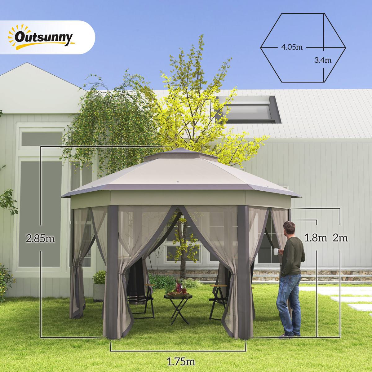 Metal Frame Mesh Draped 2-Tier Roof Gazebo