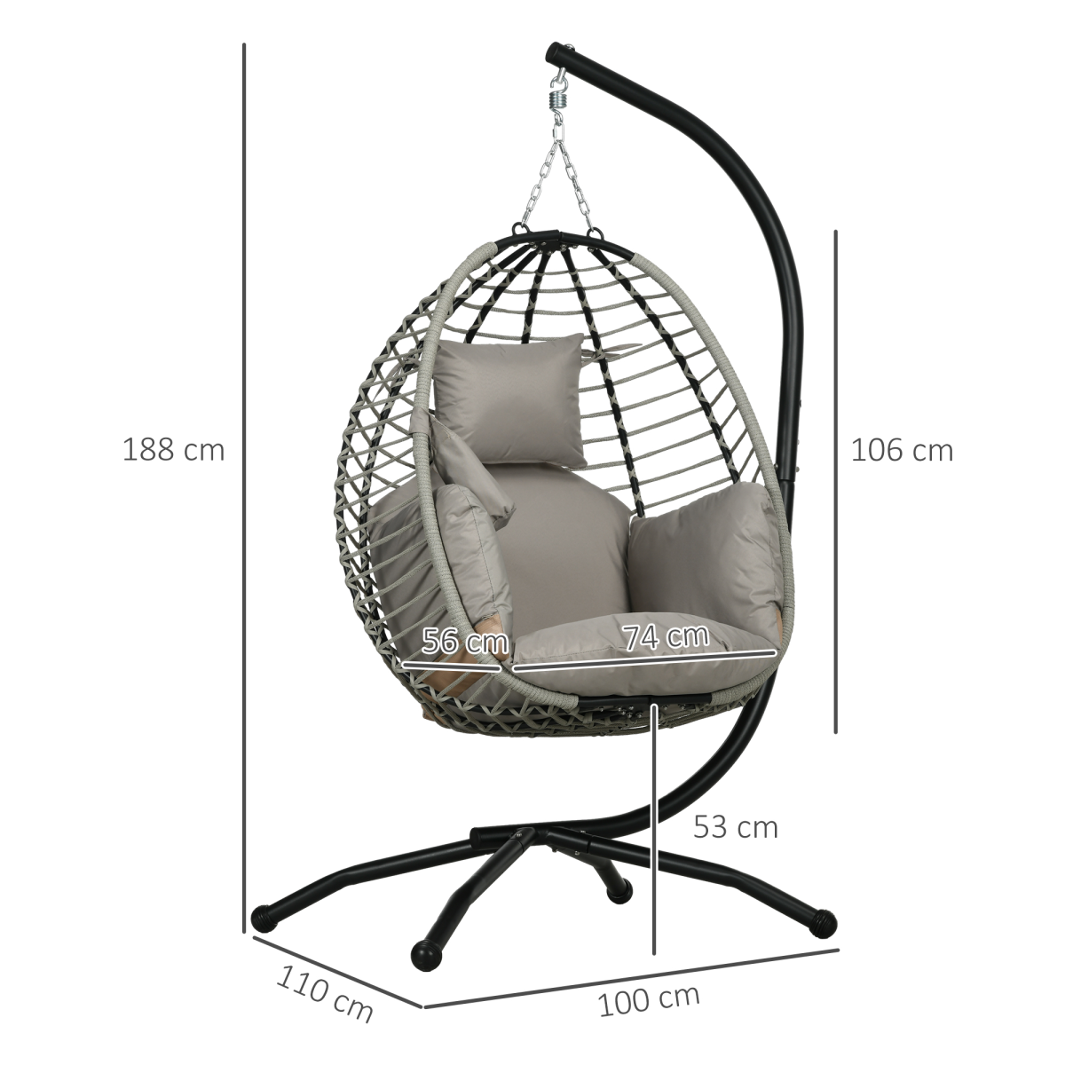 Hanging Swing Chair with Thick Cushion, Patio Hanging Chair, Grey