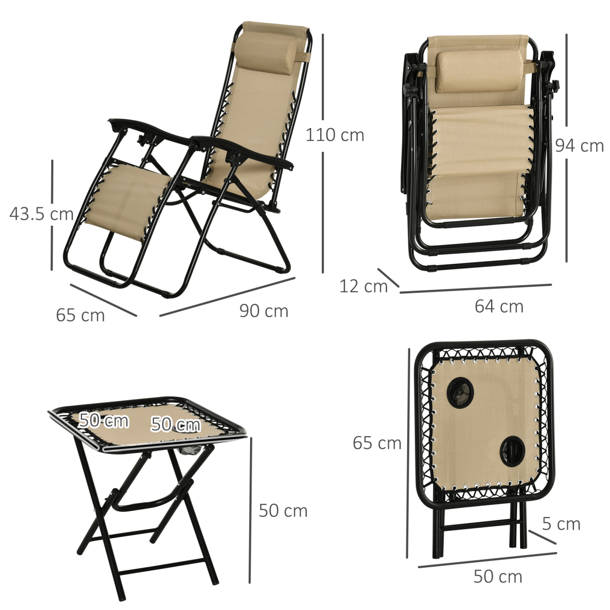 Zero Gravity Chairs Sun Lounger Table Set w/ Cup Holders, Beige 3PC