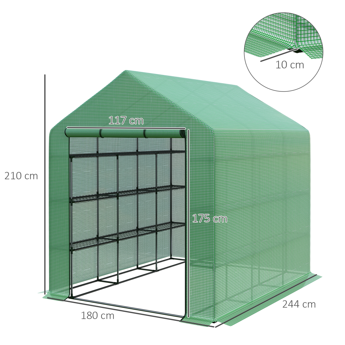Poly Tunnel Steeple Walk in Greenhouse Removable Cover Shelves 244x180x210cm