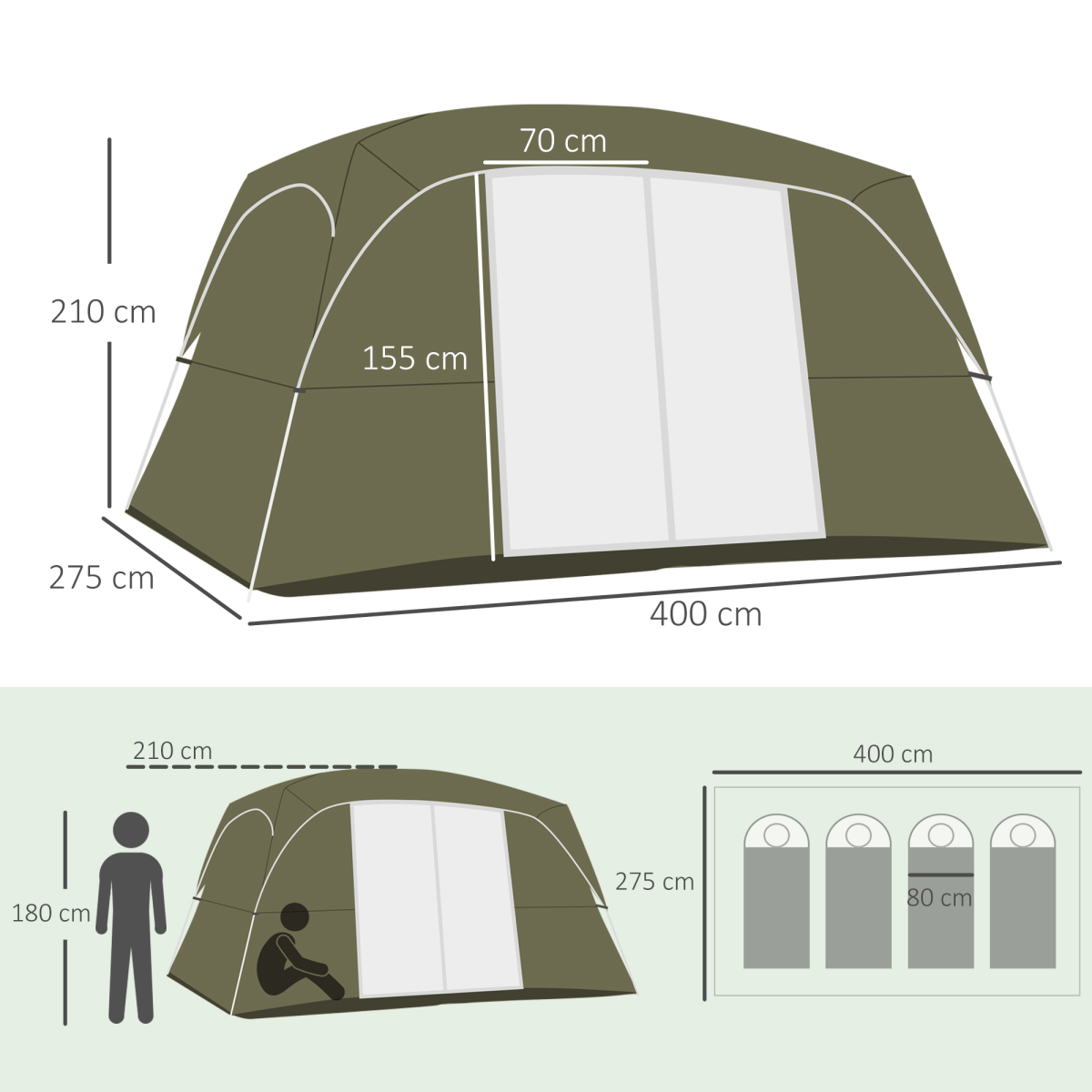 Camping Tent, Family Tent 4-8 Person 2 Room Easy Set Up, Green Outsunny