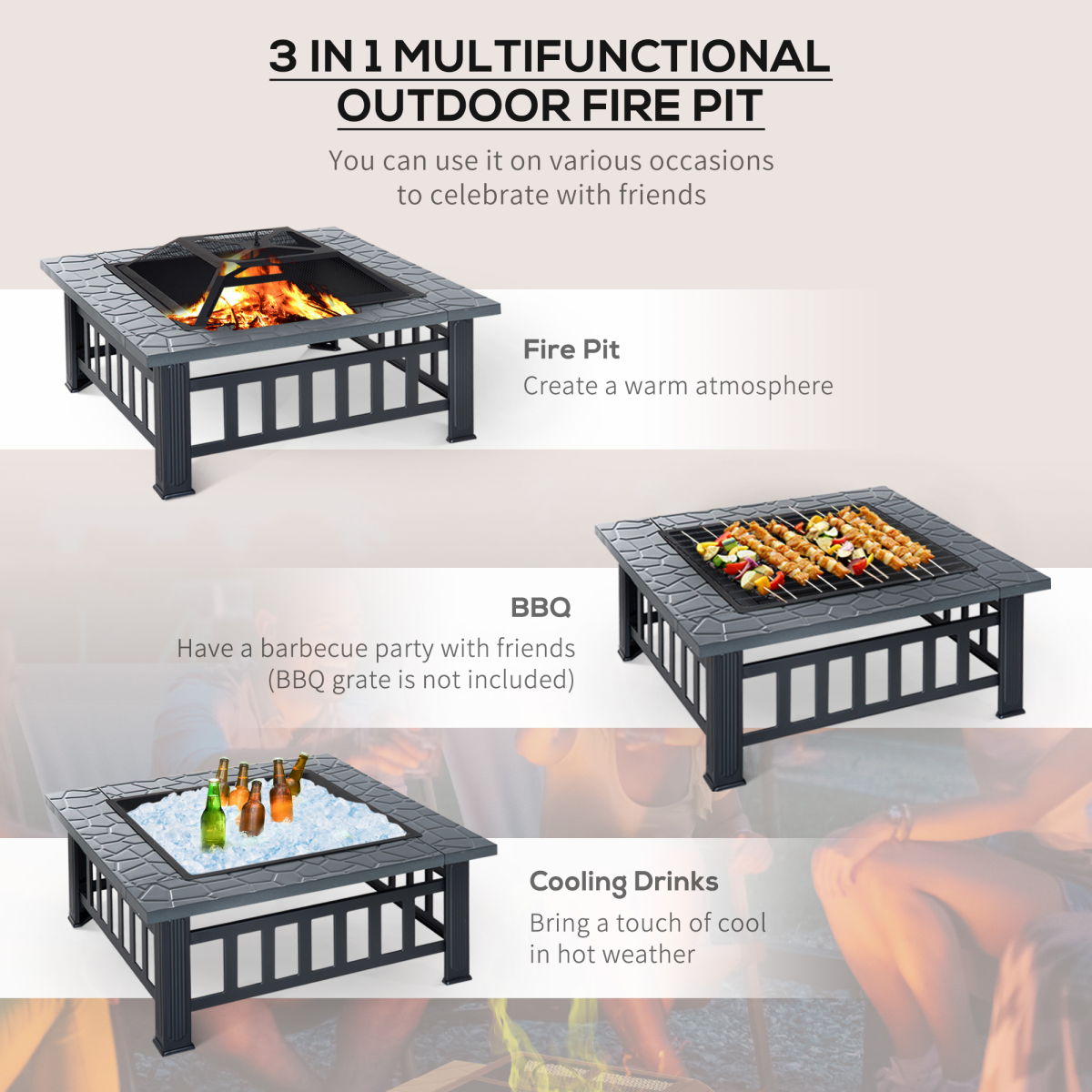 Fire Pit, Square Shape, W/Waterproof Cover-Black/Grey