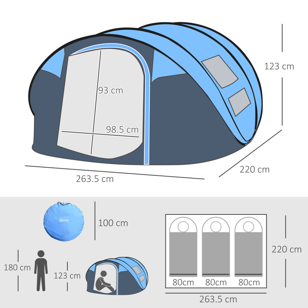 Camping Tent Dome Pop-up Tent with Windows for 4-5 Person Sky Blue
