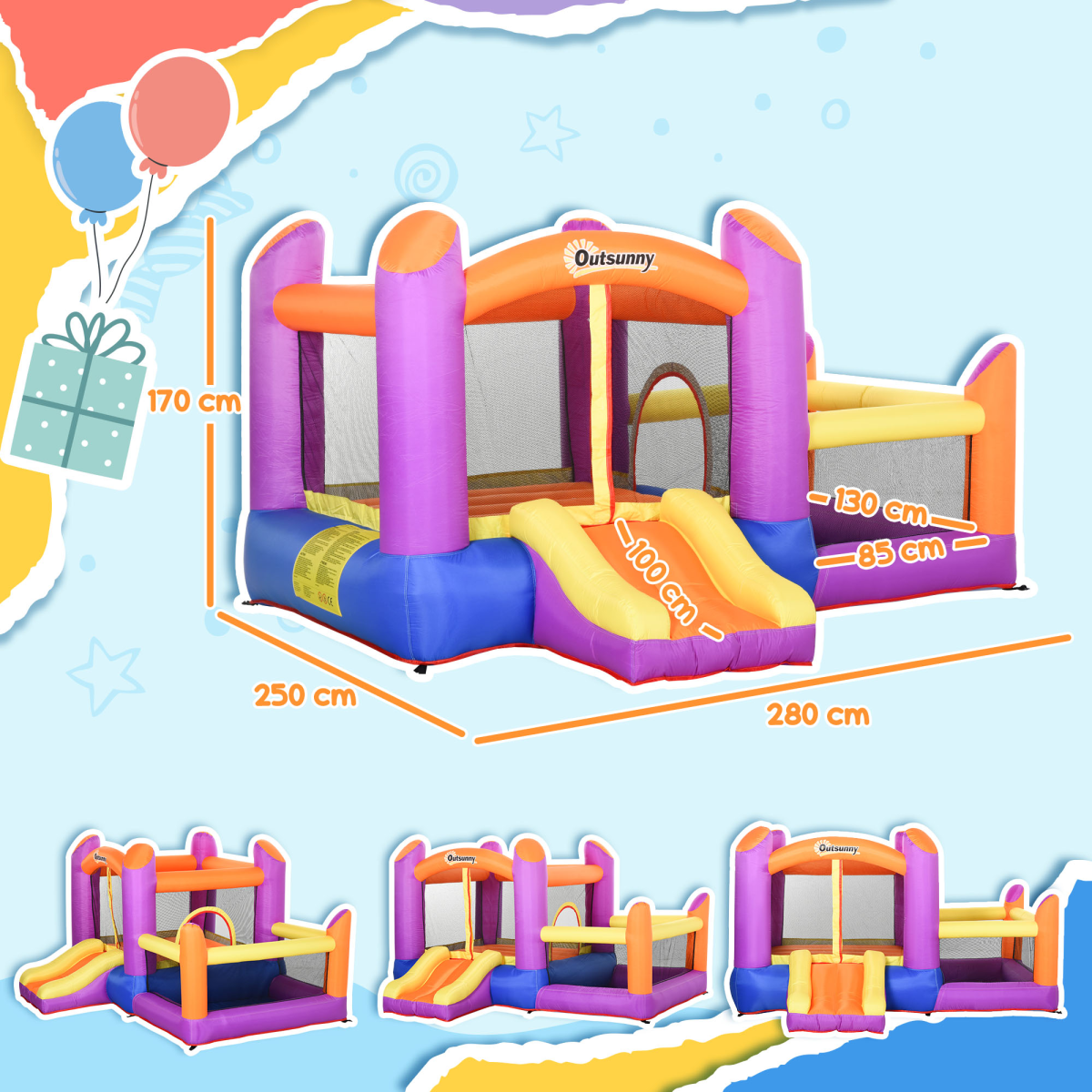 Bouncy Castle with Slide Pool House Inflatable w/ Blower Multi-color
