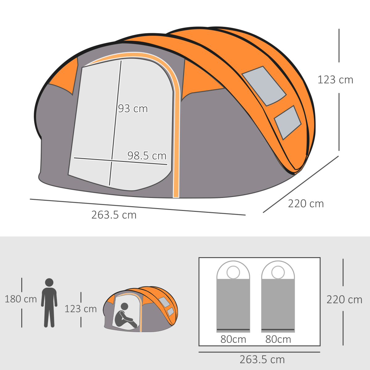 Camping Tent Dome Pop-up Tent  with Windows for 4-5 Person Orange