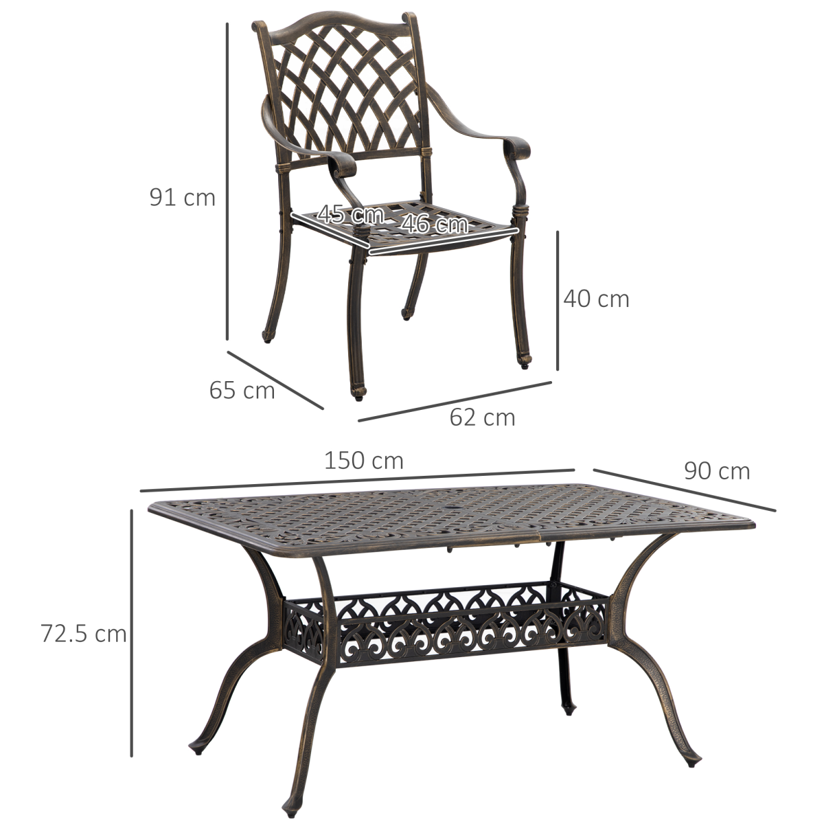 Outsunny 7-PC Cast Aluminum Patio Dining Set w/ Umbrella Hole & Cushion, Bronze