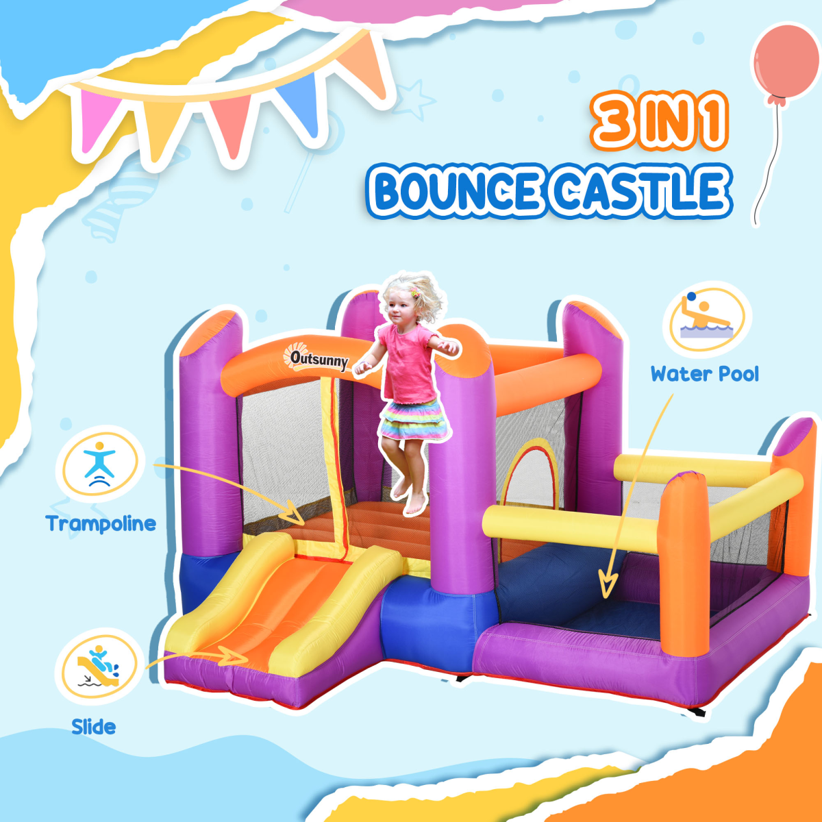 Bouncy Castle with Slide Pool House Inflatable w/ Blower Multi-color