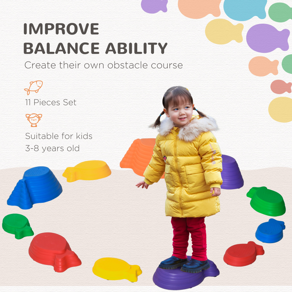 Fish Shaped Balance Stepping Stones for Kids - Multicoloured 11-Piece