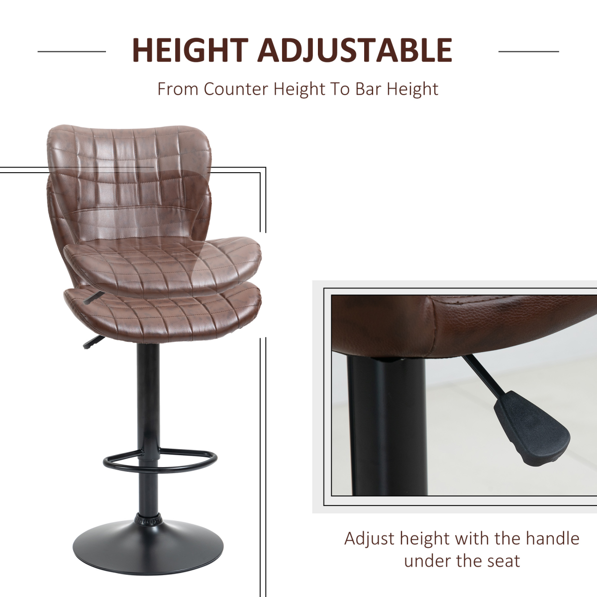 Adjustable Height Swivel Bar Chairs in PU Leather with Backrest