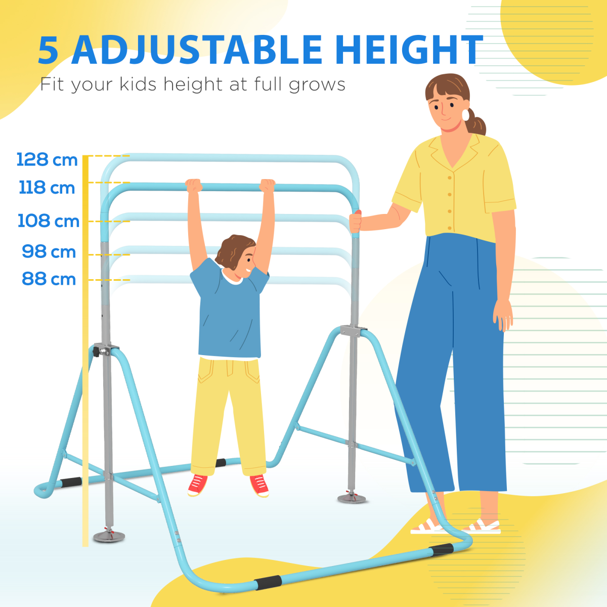 HOMCOM Kids Gymnastic Bar with Adjustable Height, Foldable Training Bar - Blue