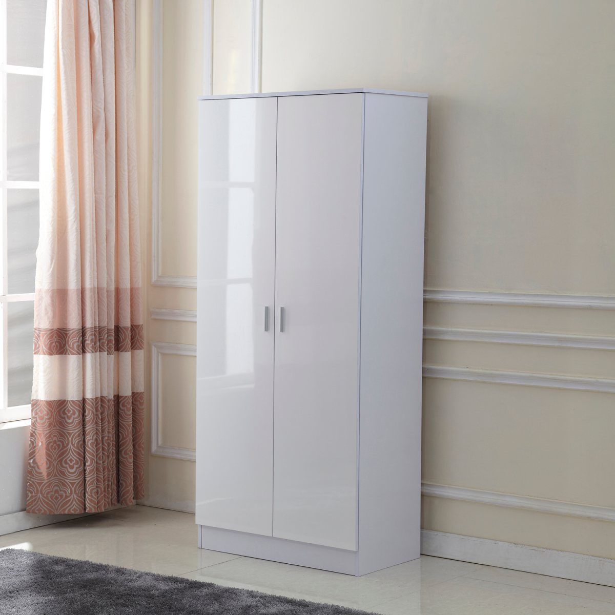 Tall White High Gloss Wardrobes 3 Pc Chest Bedside Table 7 Drawer