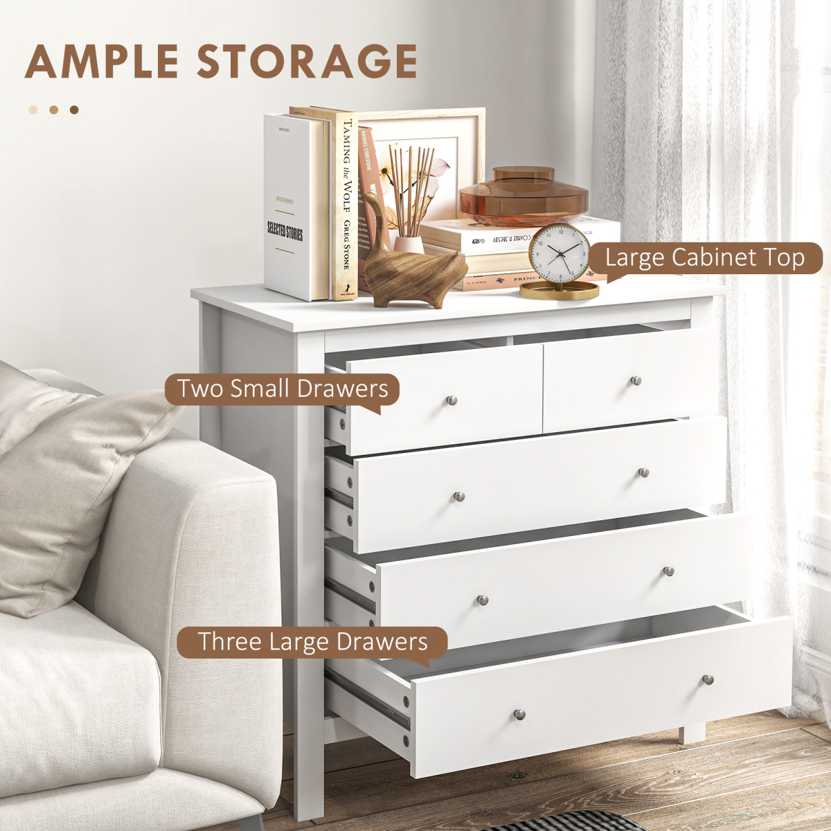 Modern Chest of Drawers, 5 Drawer Storage Cabinet White