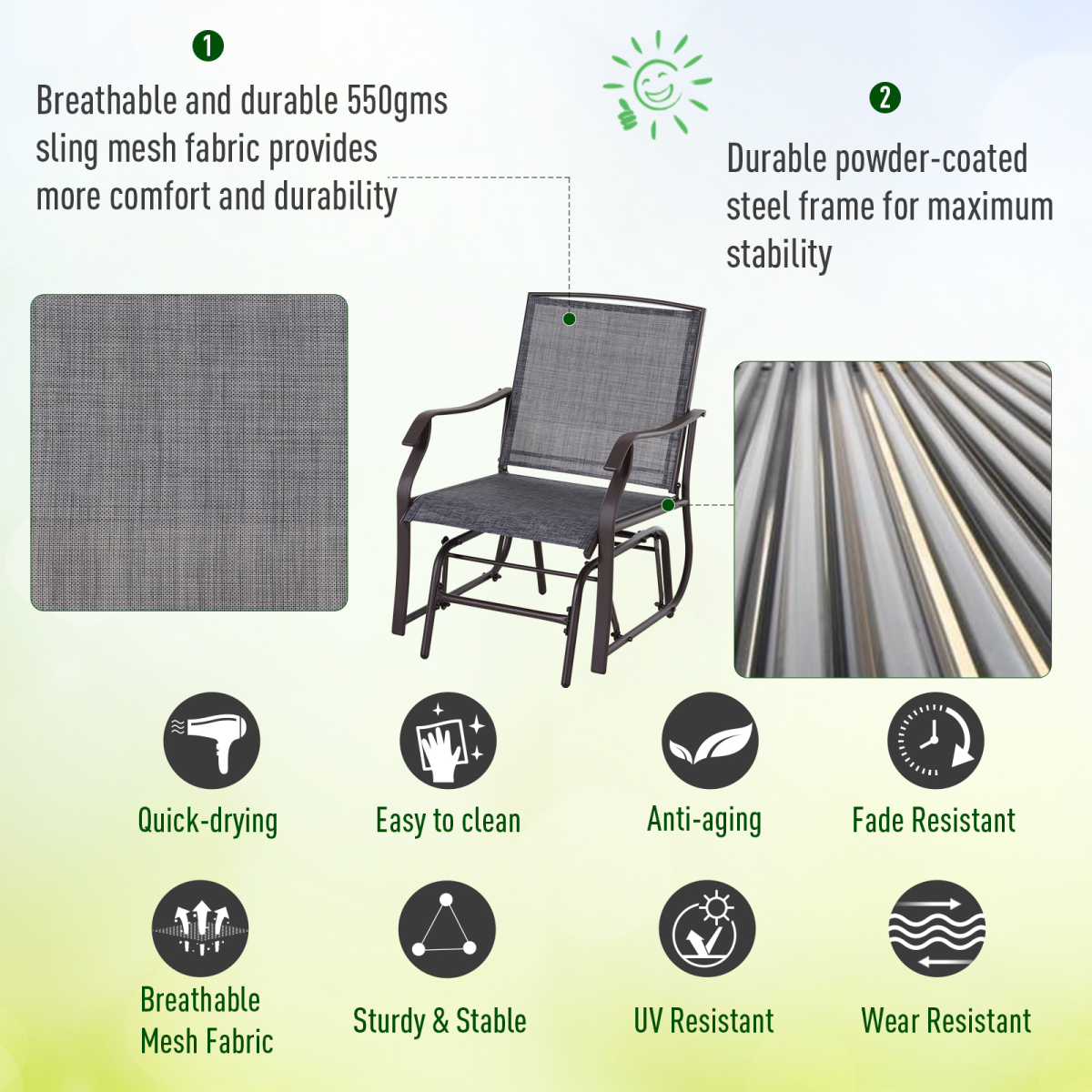 Steel Frame Set-of-2 Glider Rocking Chair w/ Table Set Grey