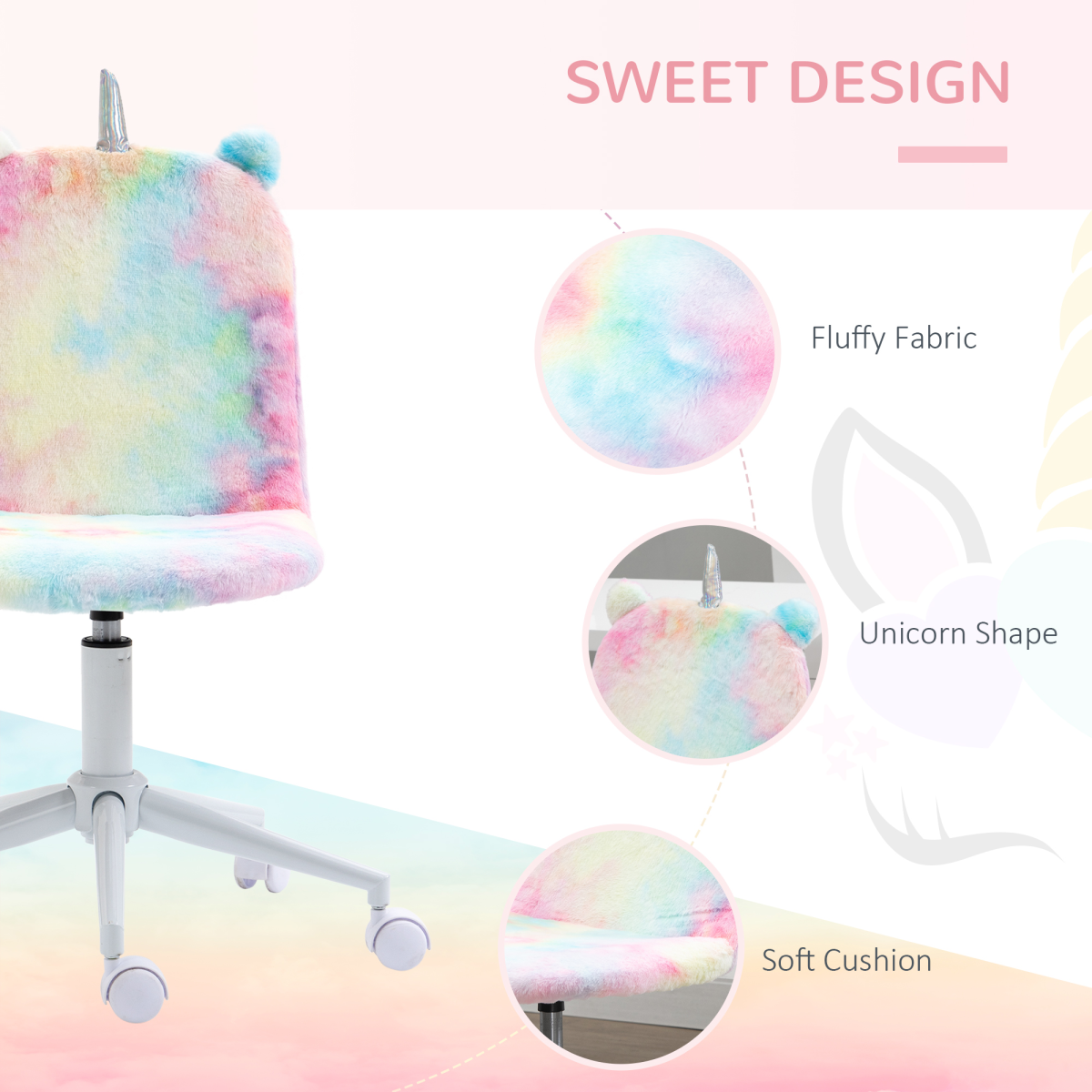 Fluffy Unicorn Office Chair w/ Swivel Wheel, Cute Desk Chair, Rainbow