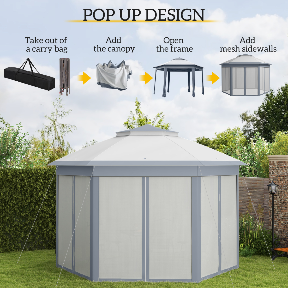 Hexagon Pop Up Gazebo Double Roof Netting, 4m x 4m, Grey w/ Mesh, 4x4m