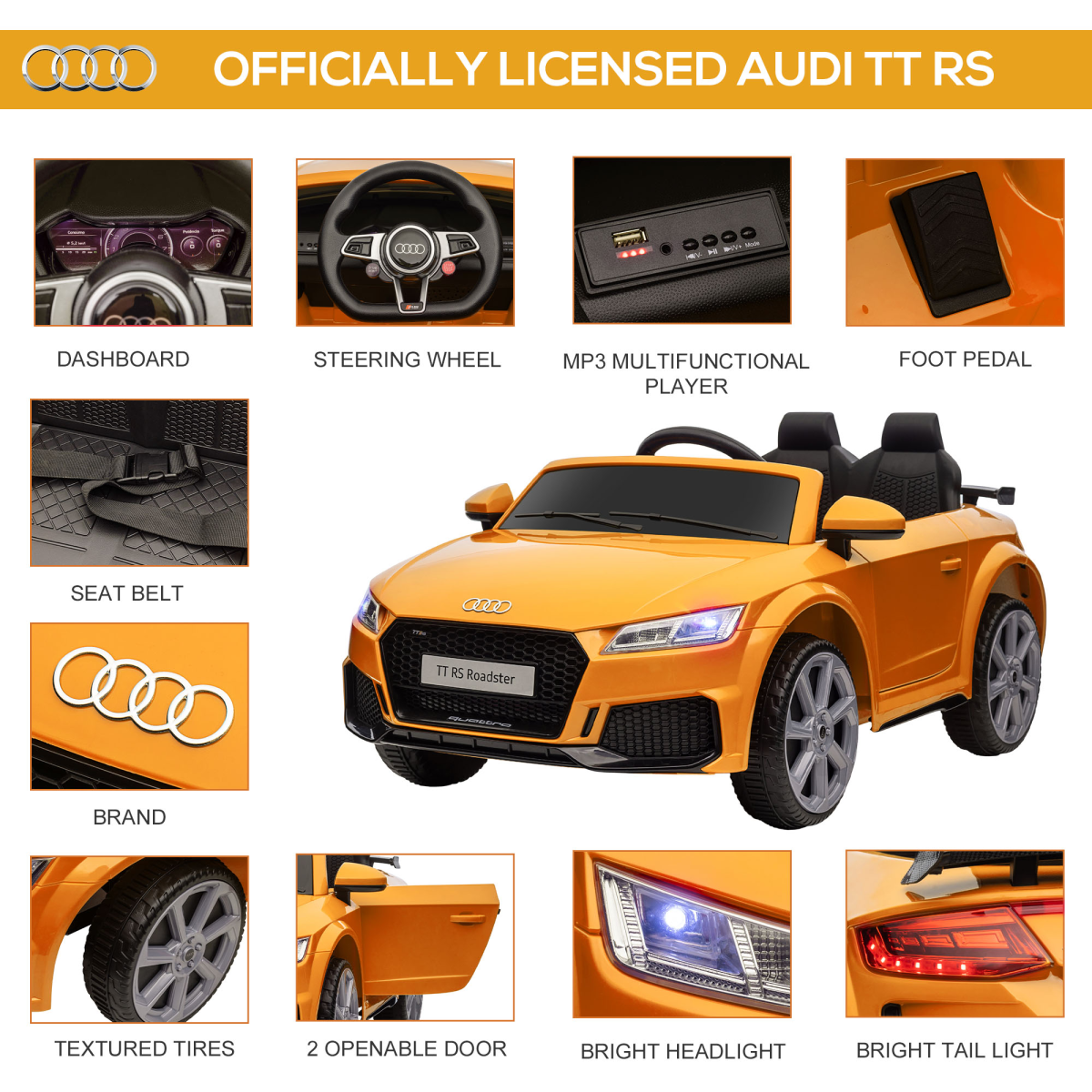 Battery Licensed Audi TT RS Ride-On Car w/ Removable Highlights, MP3 Player 12V