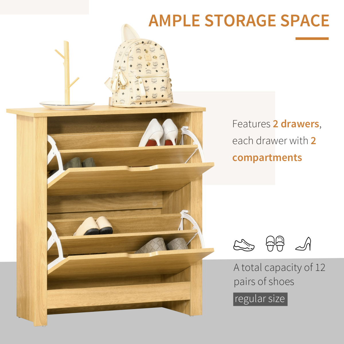 12-Shoe Storage Cabinet 4 Shelves 2 Drawers Tabletop 4 Legs Brown