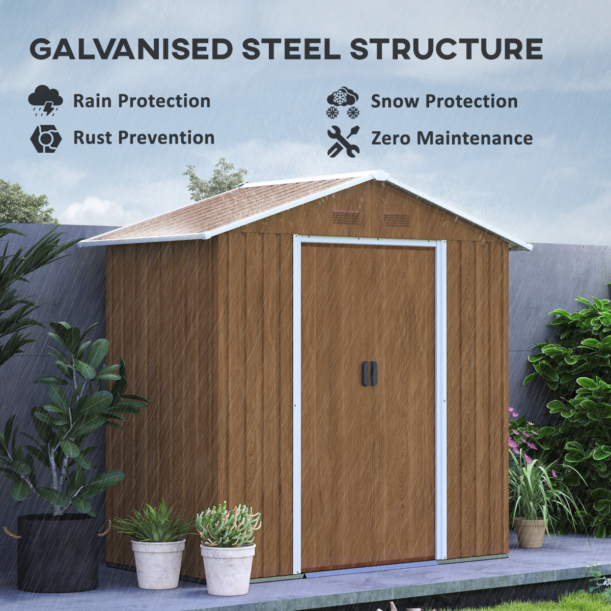 Metal Garden Shed for Garden, Brown Wood Effect 6.5x3.5ft