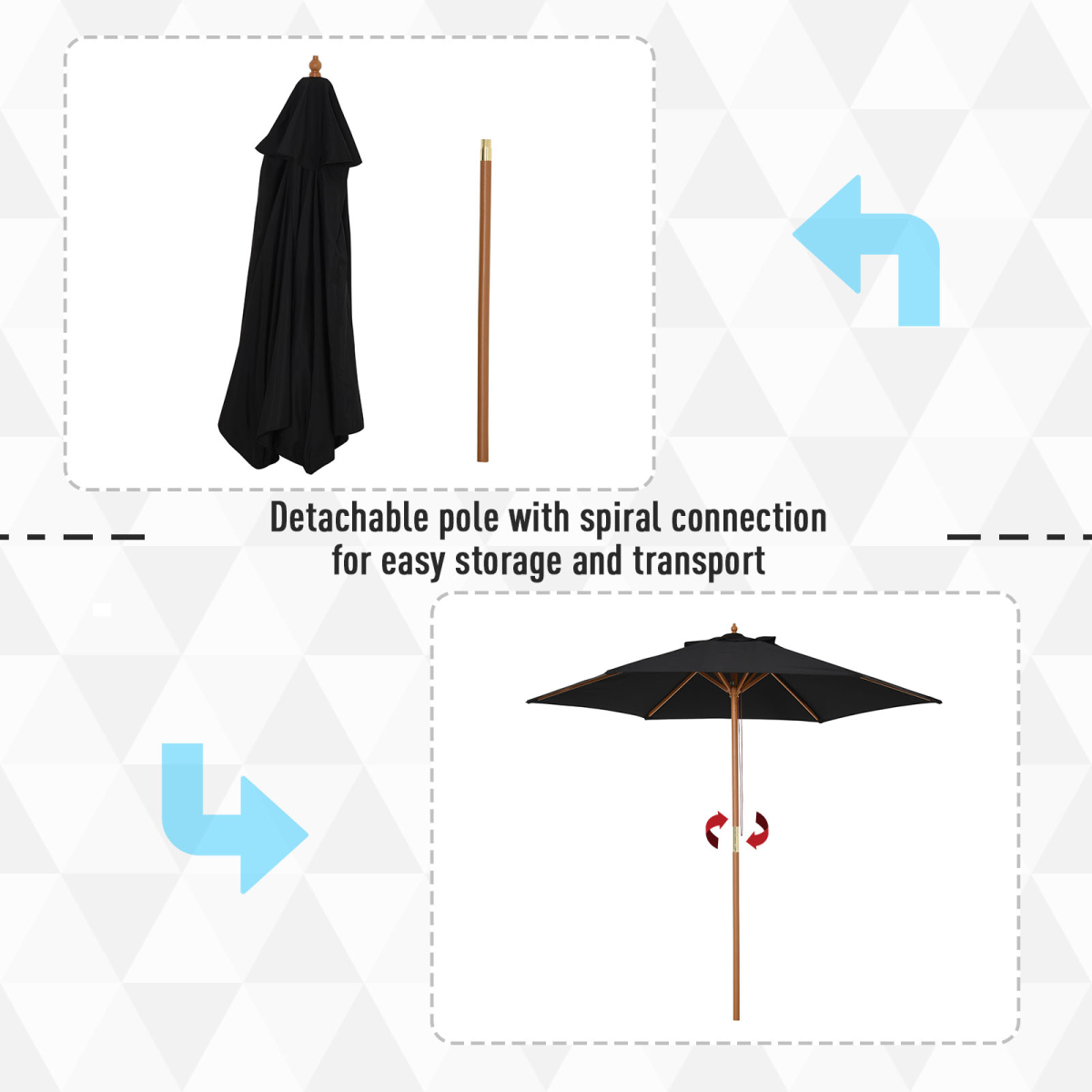 Wood Garden Parasol Sun Shade Patio Outdoor Wooden Umbrella Canopy Black 2.5m