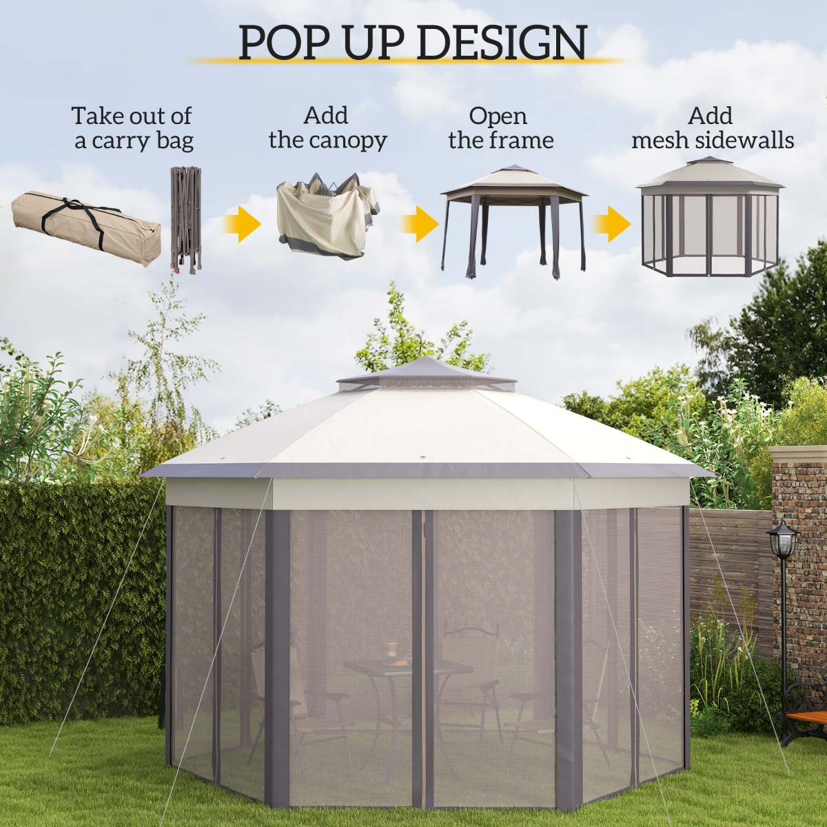 Metal Frame Mesh Draped 2-Tier Roof Gazebo